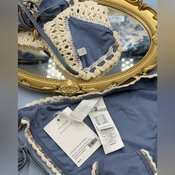 🆕 ZIMMERMANN 🧿 NWT Cascadian Crochet Tri Bikini, Blue Botanical - Sz 2 US4/6 - Picture 15 of 16